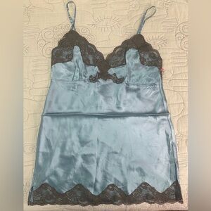 NEW Gold Hawk Two Tone V-Back Lace Chemise Silk Cami L Niagara Blue Brown Lace